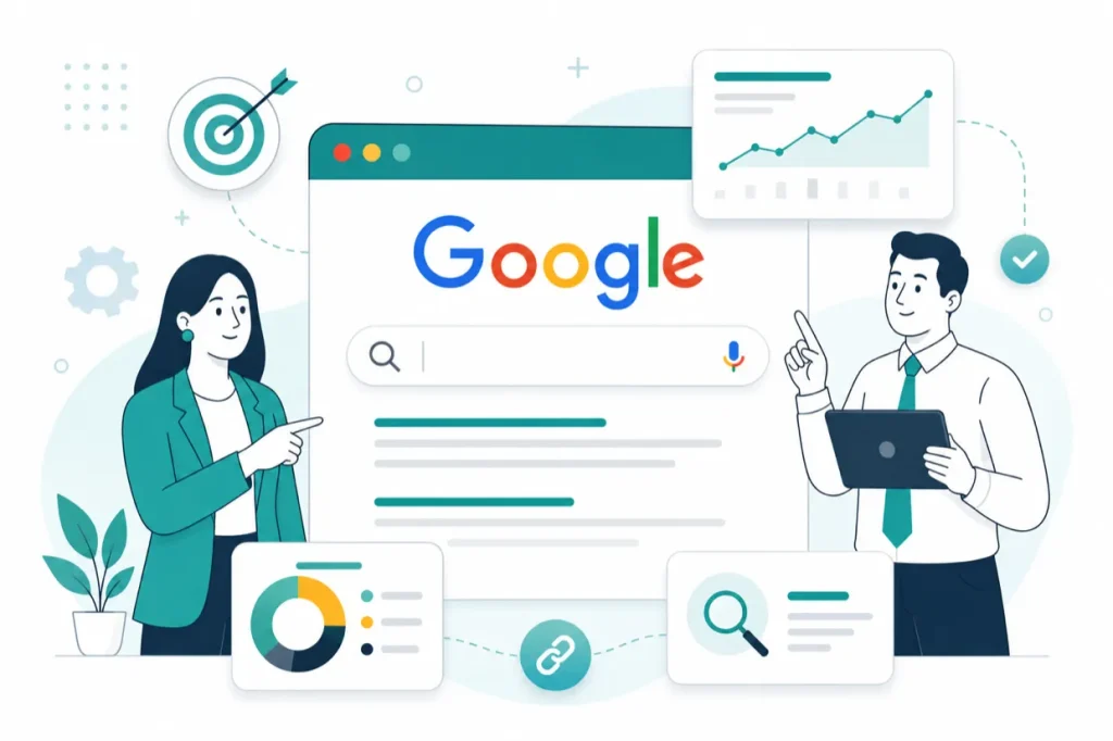 Illustration of a Google search page with charts and two people reviewing search data