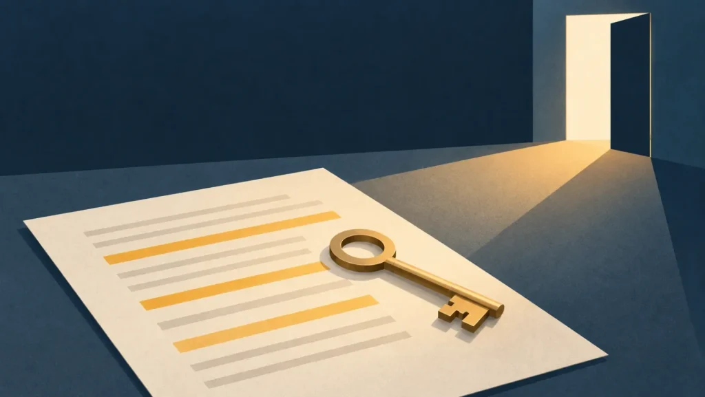 A contract on a desk with a brass key, beside an open, lit doorway