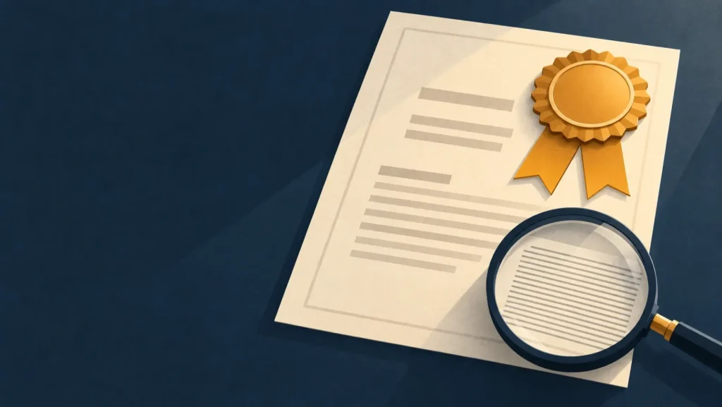 A certificate with a gold rosette, examined under a magnifying glass
