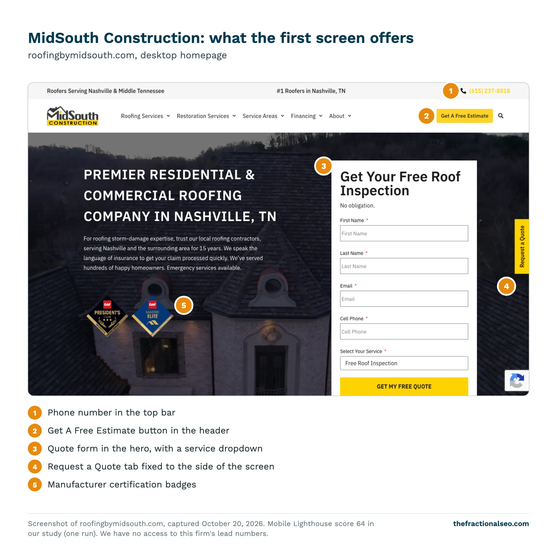 MidSouth Construction: what the first screen offers. roofingbymidsouth.com, desktop homepage